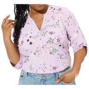 Torrid Harper SZ 2X Purple Star Print Novelty Rolled Tab V Neck Popover Top NWOT